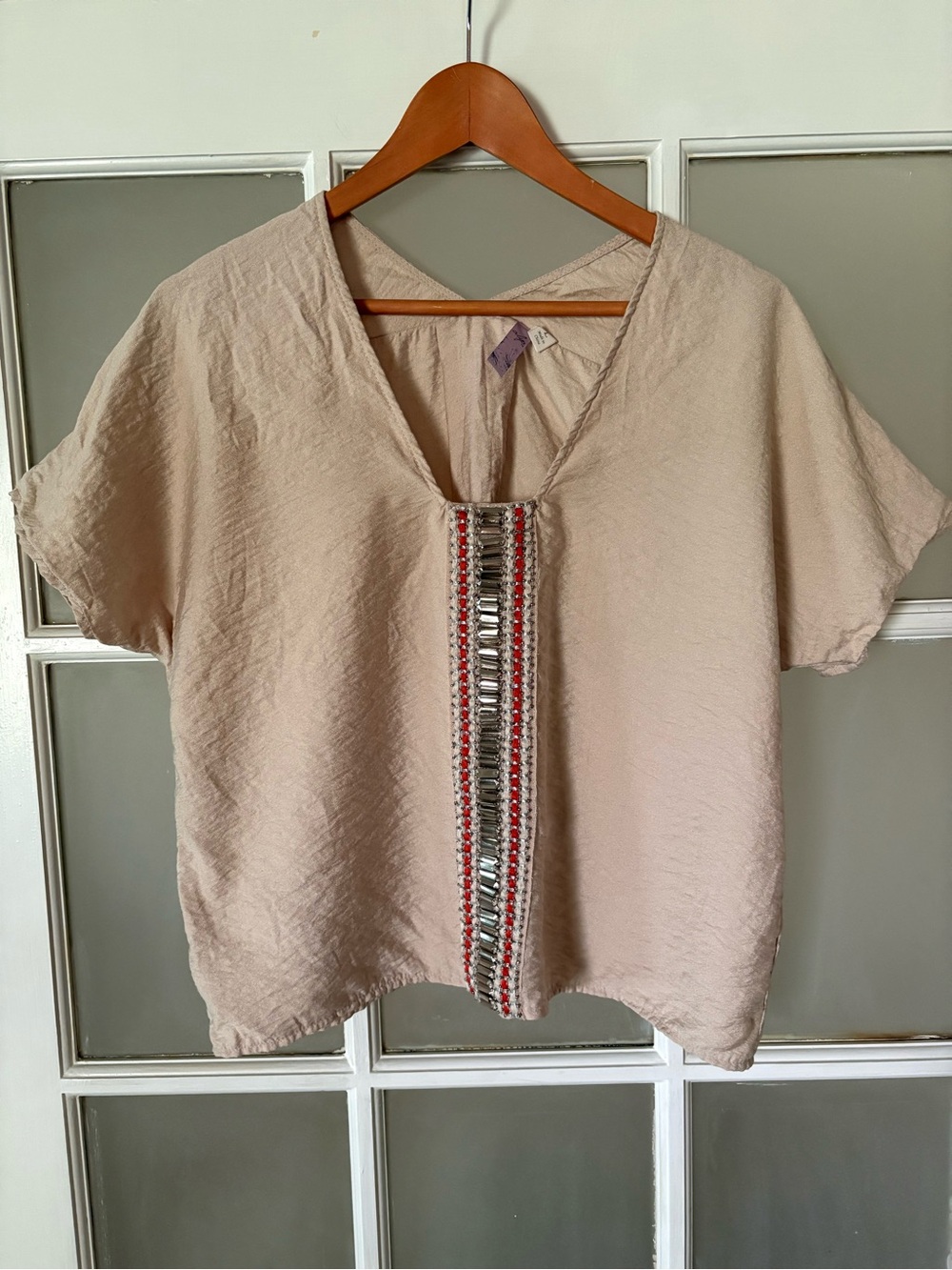 Alya Champagne Beige V-Neck Top with Beaded Center Trim - L